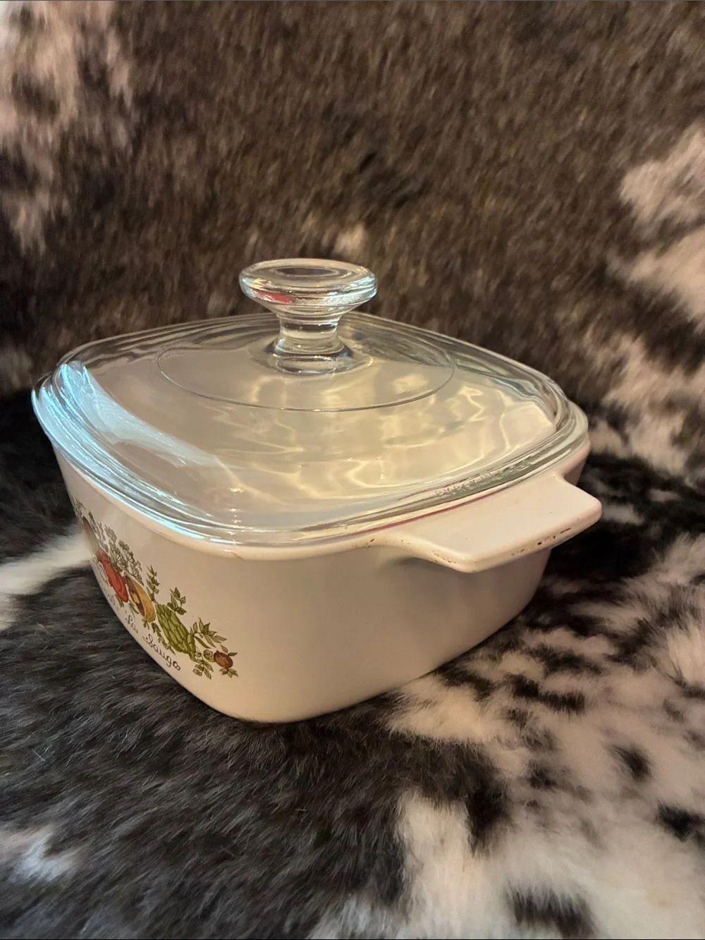 Vintage Corning Ware casserole dish in the “Spice Life”.